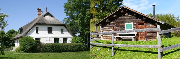 Haus mit Reetdach und Almhütte